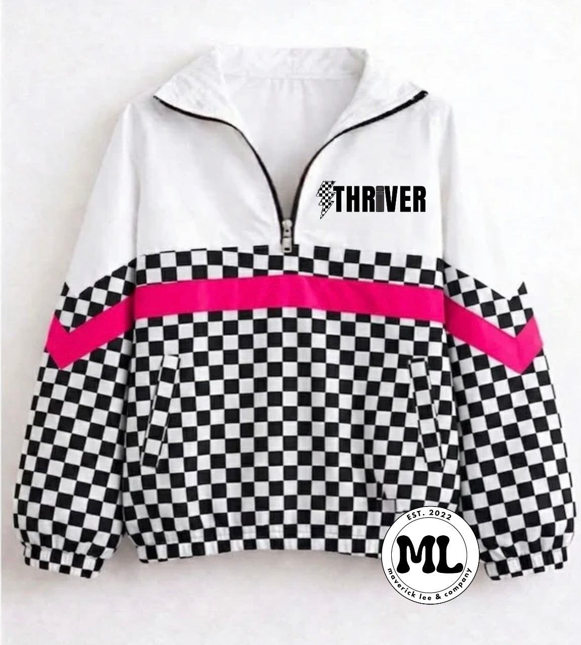 Quarter zip - Thriver bolt -black and white checkered with pink stripe