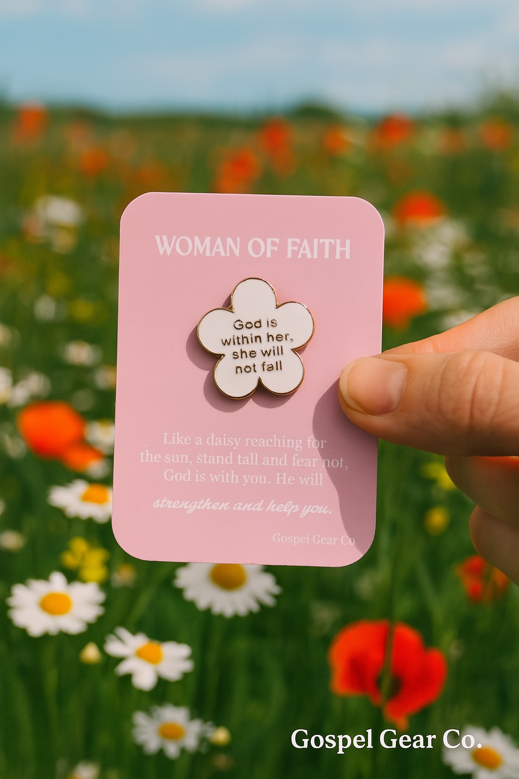 Christian Enamel Pin – Woman of Faith Daisy Flower with Bible Verse (Psalm 46:5)