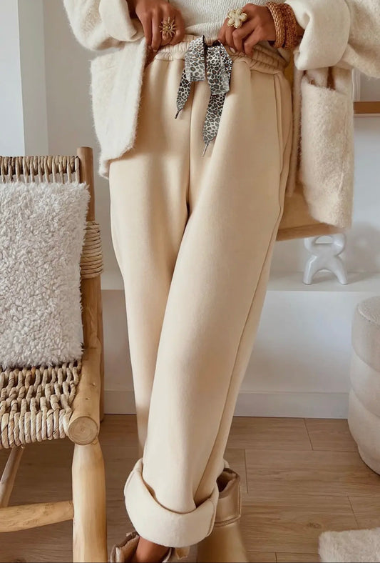 Fleece Lined Leopard Drawstring Elastic Waist Solid Pants