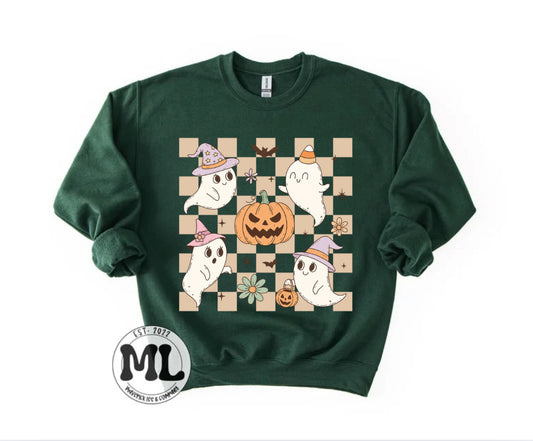 Tan checkered pastel ghosts and pumpkin ￼