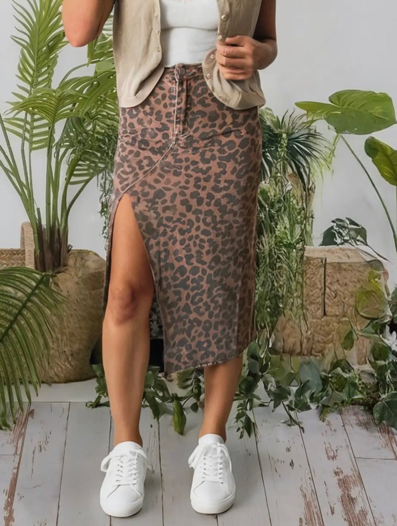 Western Apparel Leopard Denim Frayed Split Denim Midi Skirt