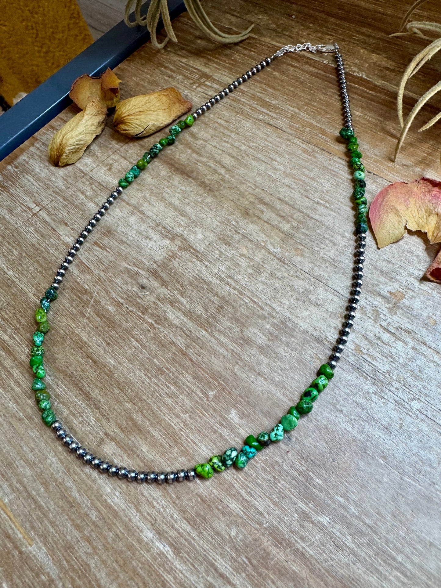 19” Necklace – Sterling Silver Pearls & Bright Green Nugget Turquoise
