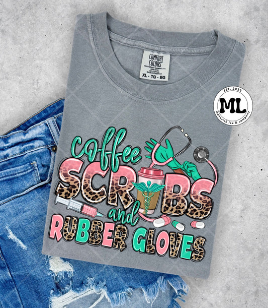 Coffee, scrubs, and rubber gloves