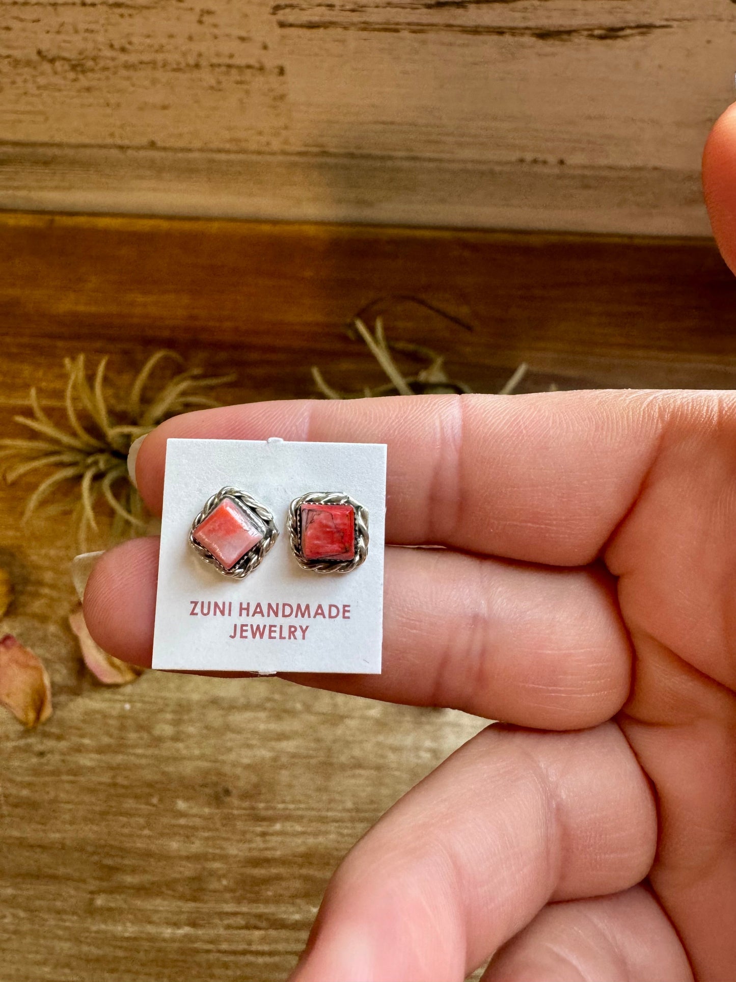 Mini Square Spiny Oyster Stud Earrings – Zuni Handmade, Sterling Silver