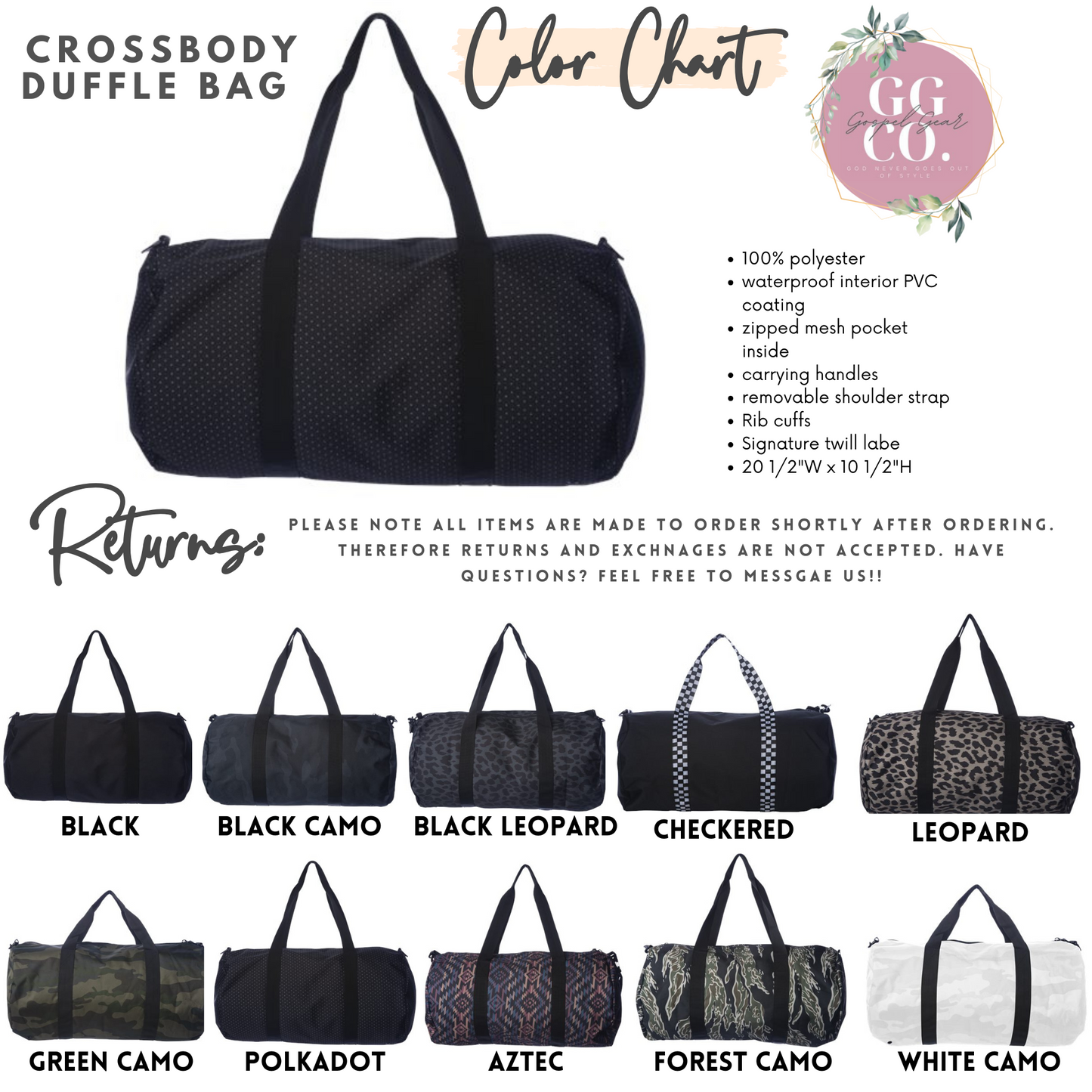 Floral Cross Embroidered Duffle Bag – Faith + Function