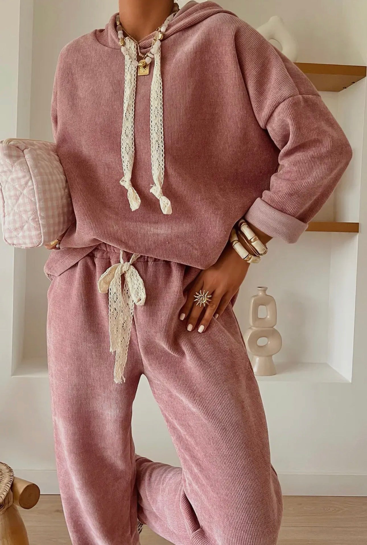 Drawstring Pullover Hoodie and High Waist Pants Corduroy Set