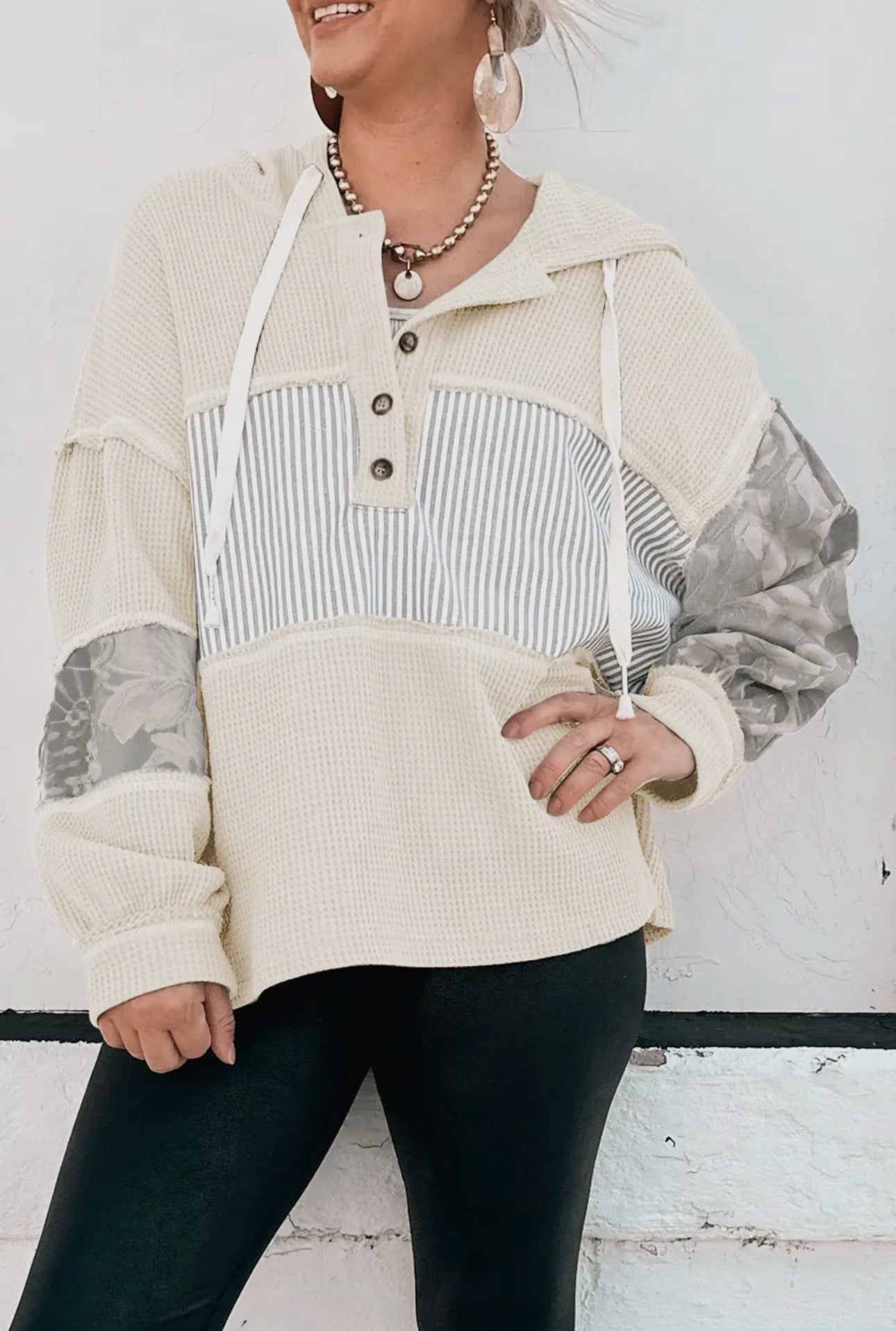 Waffle Patchwork Hooded Drawstring Top