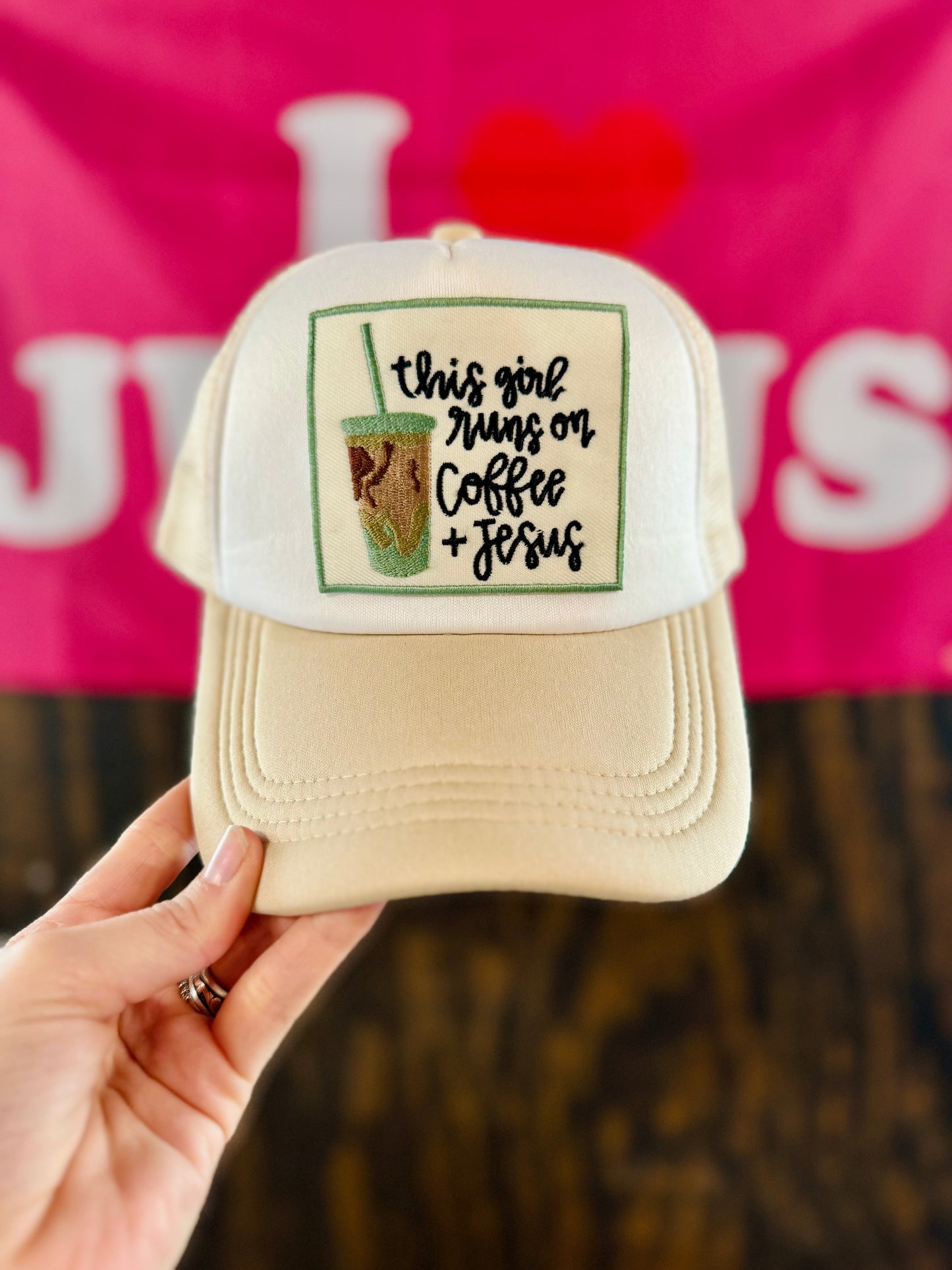 This Girl Runs On Coffee And Jesus Patch Foam Trucker Hat