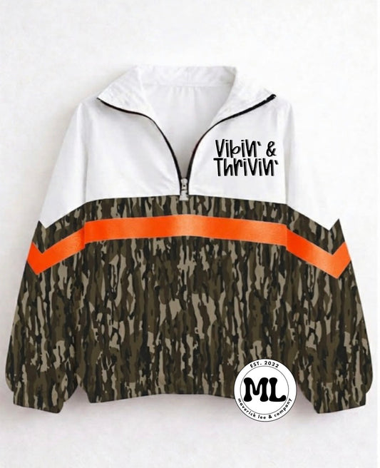 Quarter zip - vibin and thrivin- camo with orange stripe