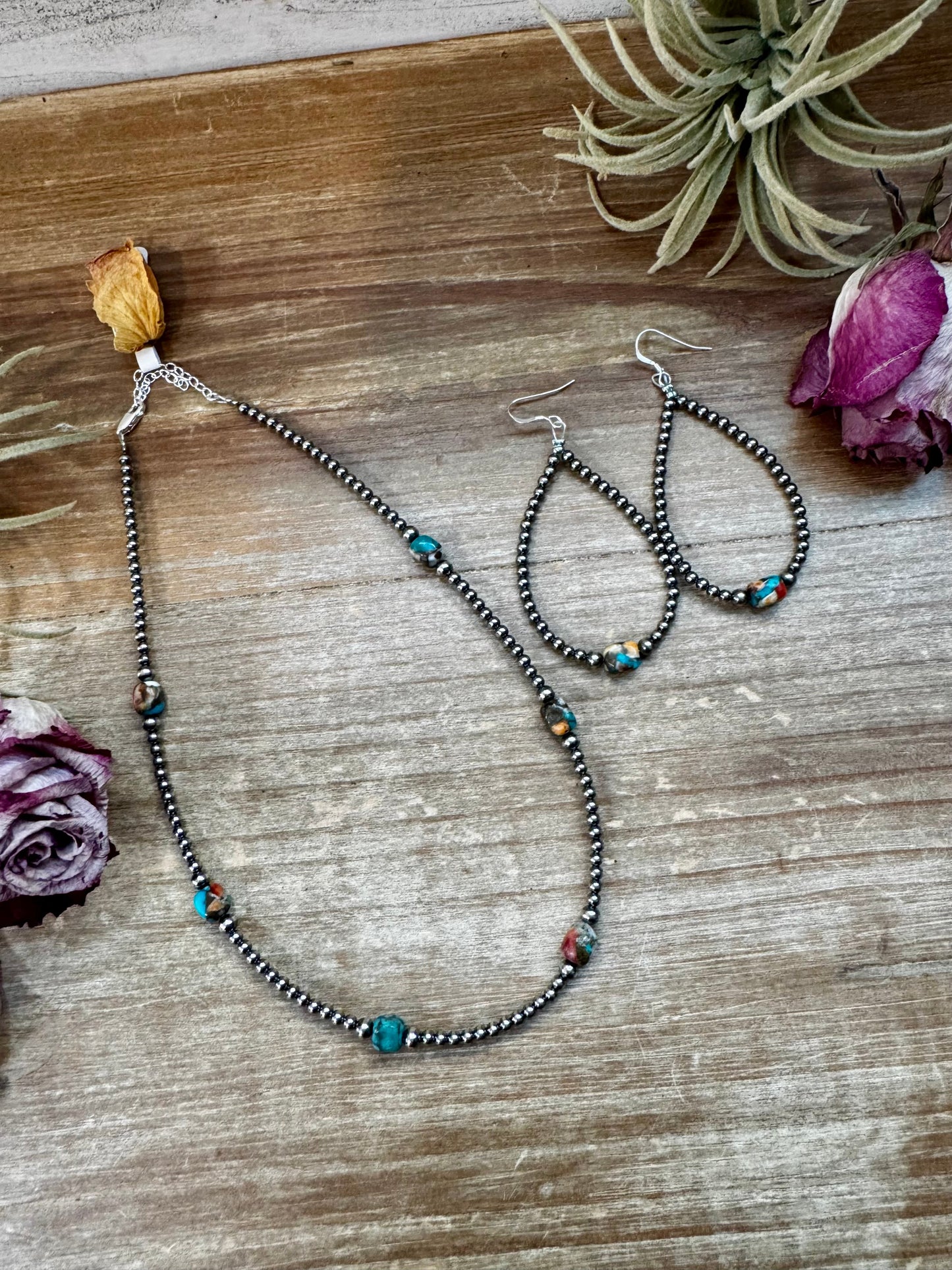 Mixed Turquoise & Spiny Oyster Teardrop Earrings – Sterling Silver Pearls