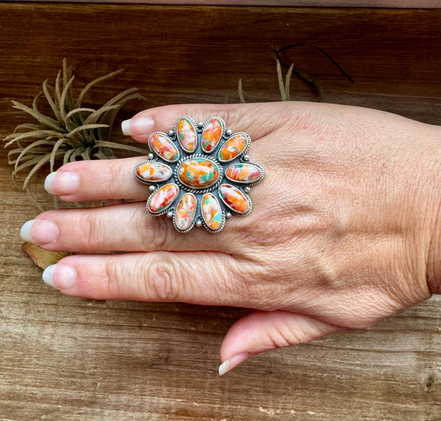 Mojave Spiny & Turquoise Flower Adjustable Ring – Sterling Silver, Made in USA