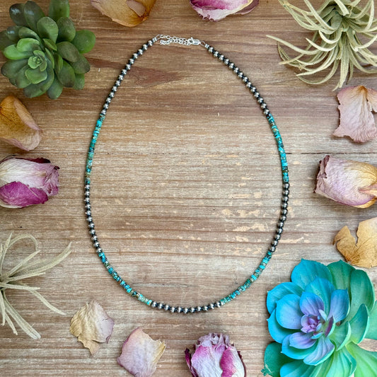 20” Heishi Turquoise Necklace – 4mm Turquoise & 5mm Sterling Silver Pearls