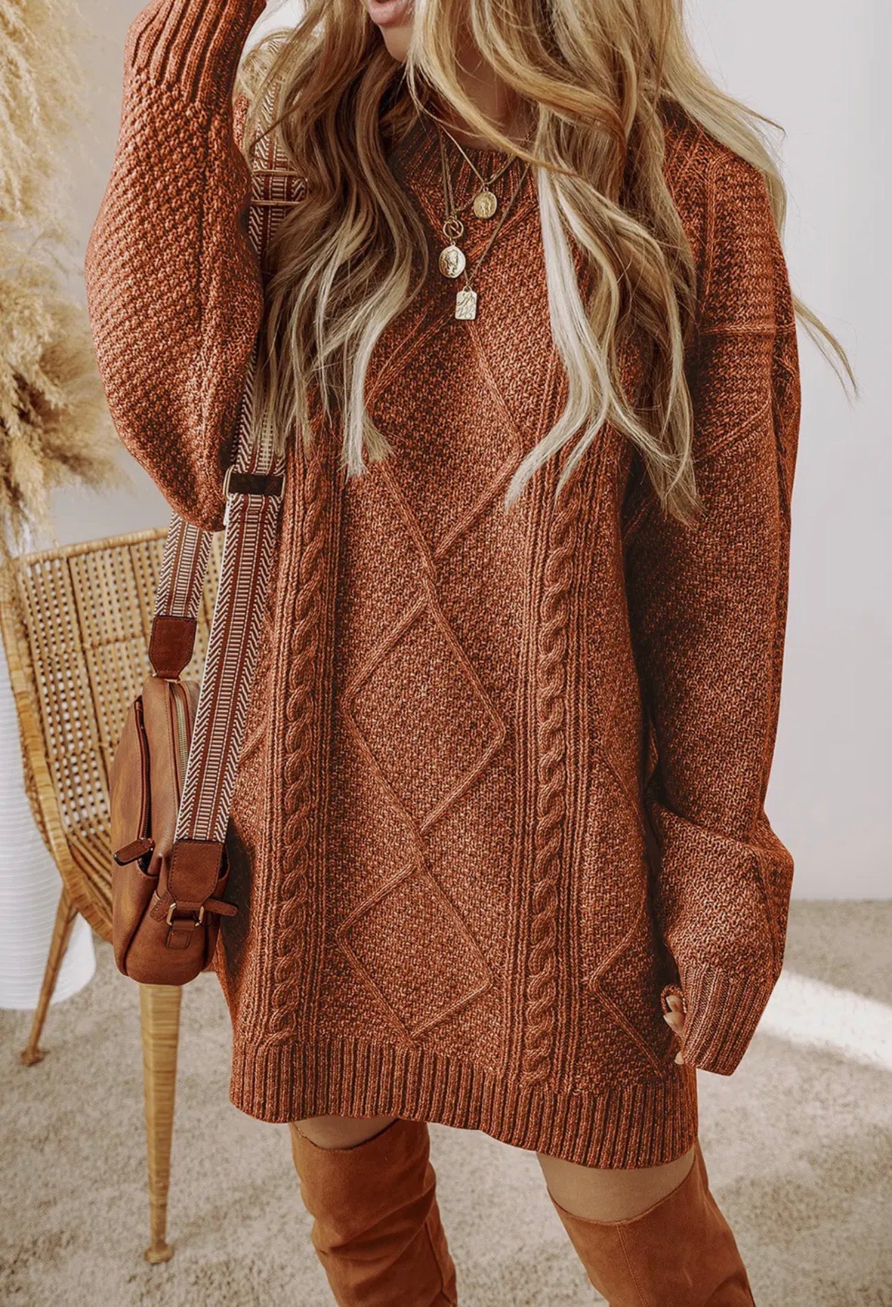 Cable Knit Long Sleeve Drop Shoulder
Sweater Dress