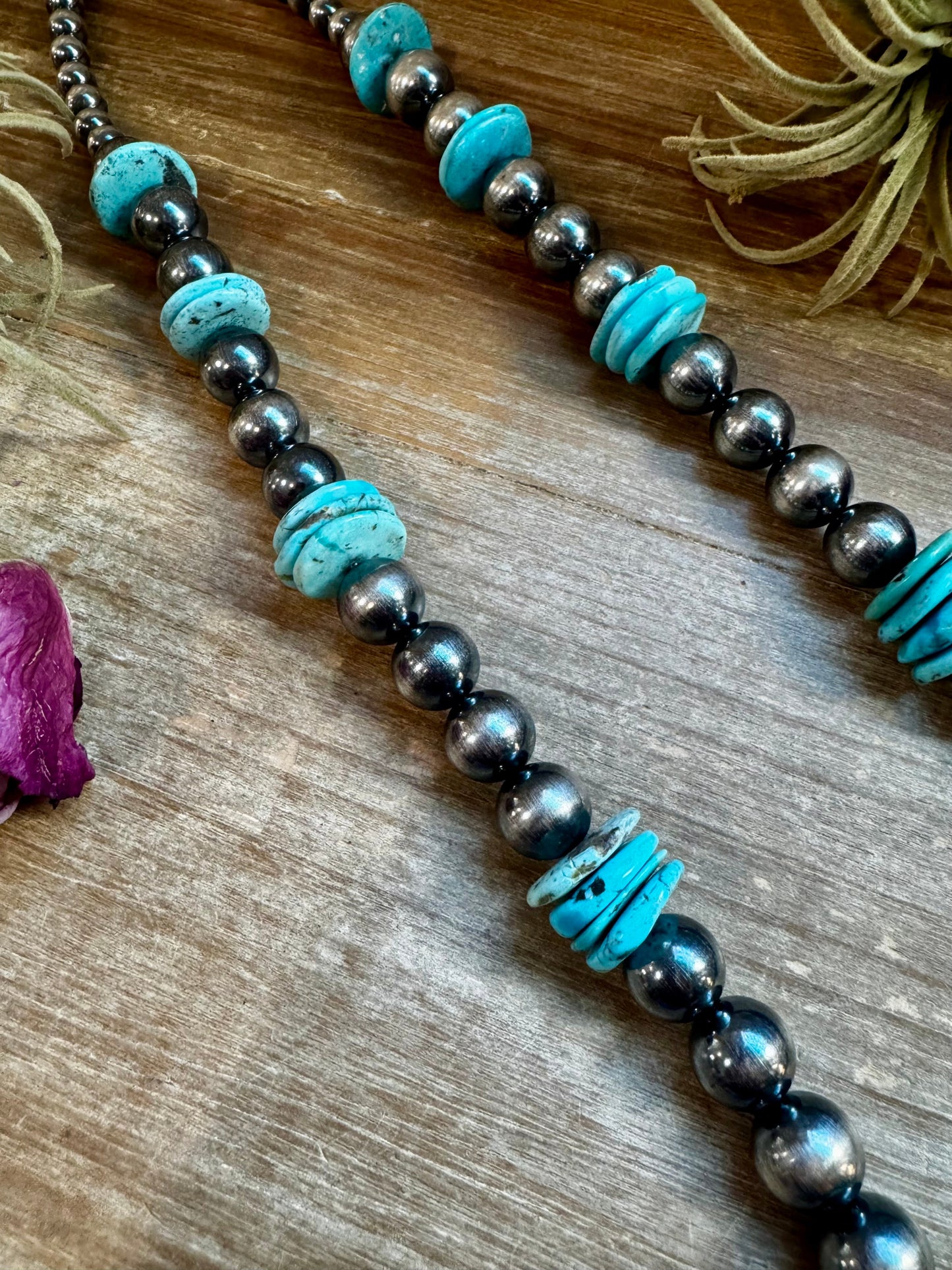 NFR Collection Necklace – 35 inch long 8mm & 14mm Sterling Silver Pearls with 20mm Turquoise Rondelle