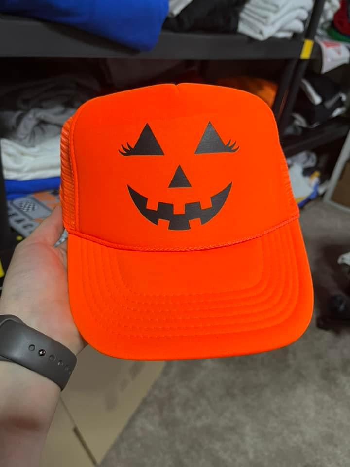 Neon Orange pumpkin trucker hat - in stock