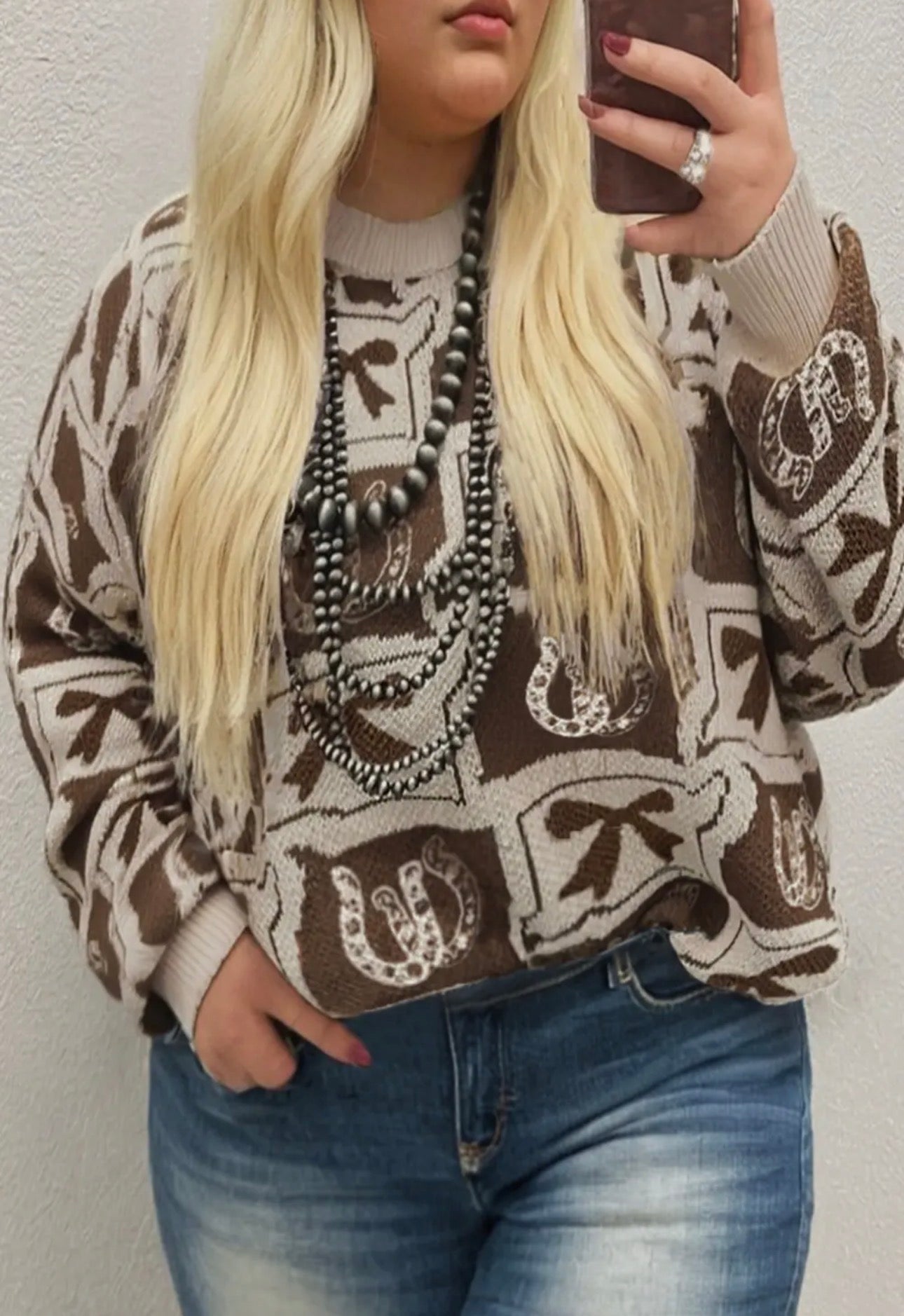 Bows Horseshoes Pattern Western Fashion Print Sweater