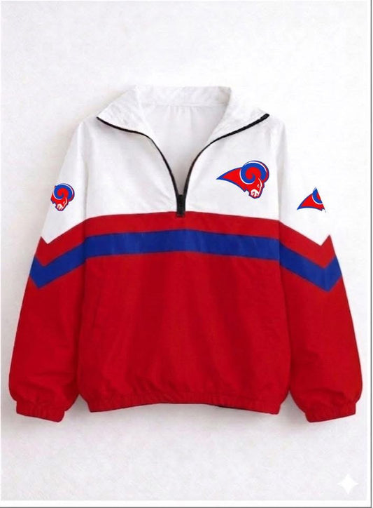 quarter zip – Jamestown Rams - red bottom with blue stripe