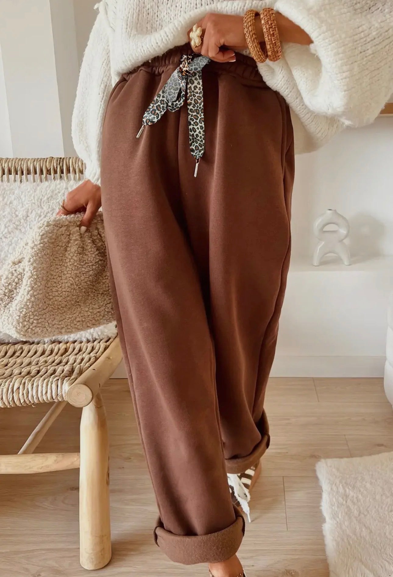Fleece Lined Leopard Drawstring Elastic Waist Solid Pants