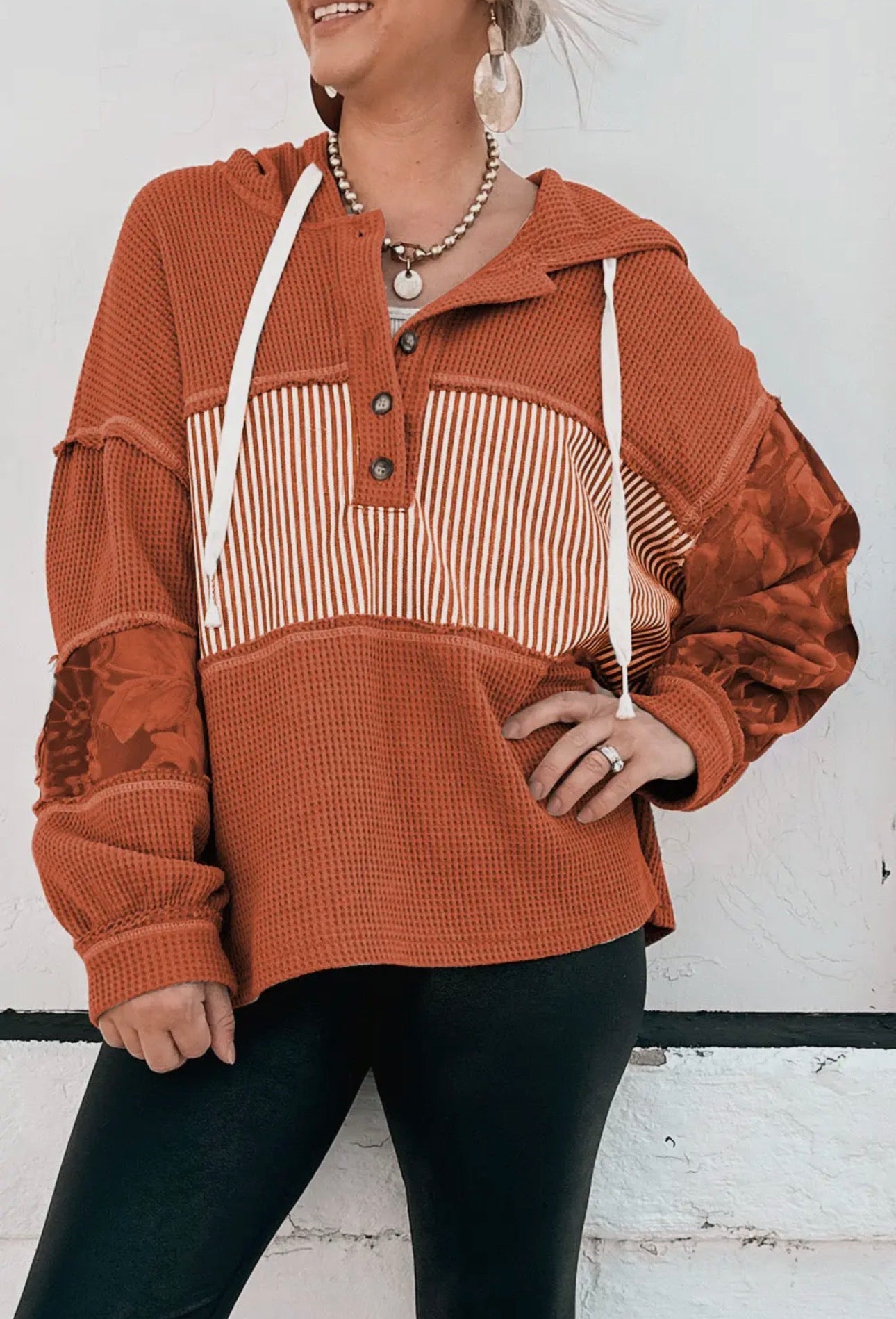 Waffle Patchwork Hooded Drawstring Top