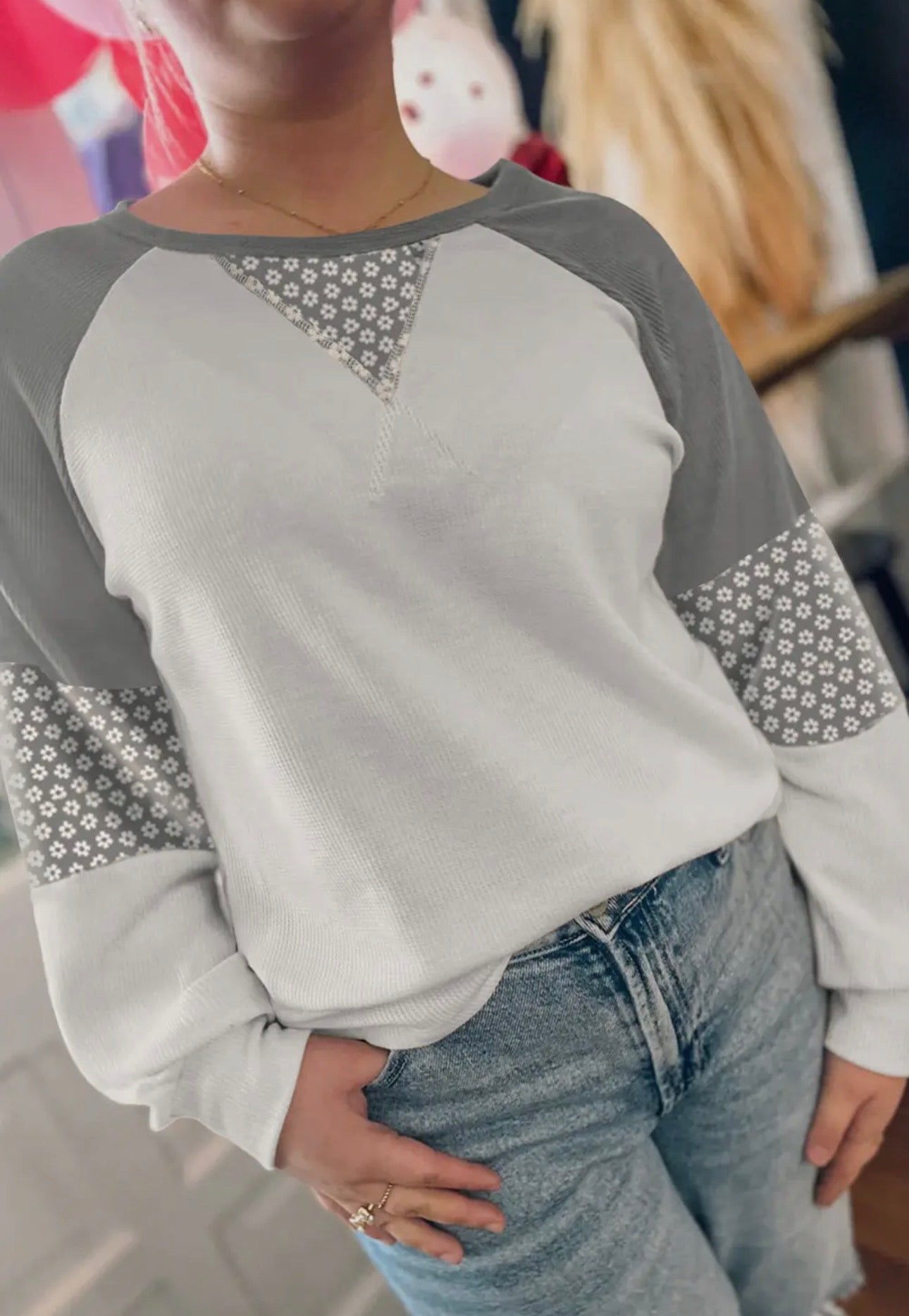 Floral Print Patchwork Color Block Long Sleeve Top