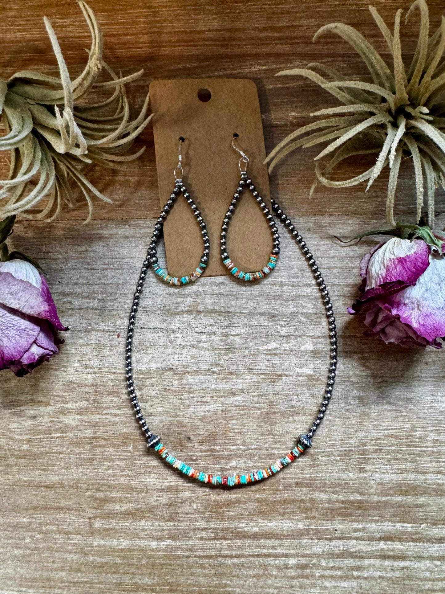 Green & Orange Heishi Earrings – Sterling Silver Pearls