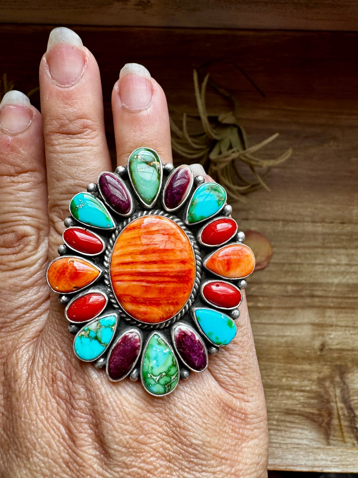 Adjustable Cluster Ring – Spiny Oyster & Sonoran Gold by E. Richards, Native Made