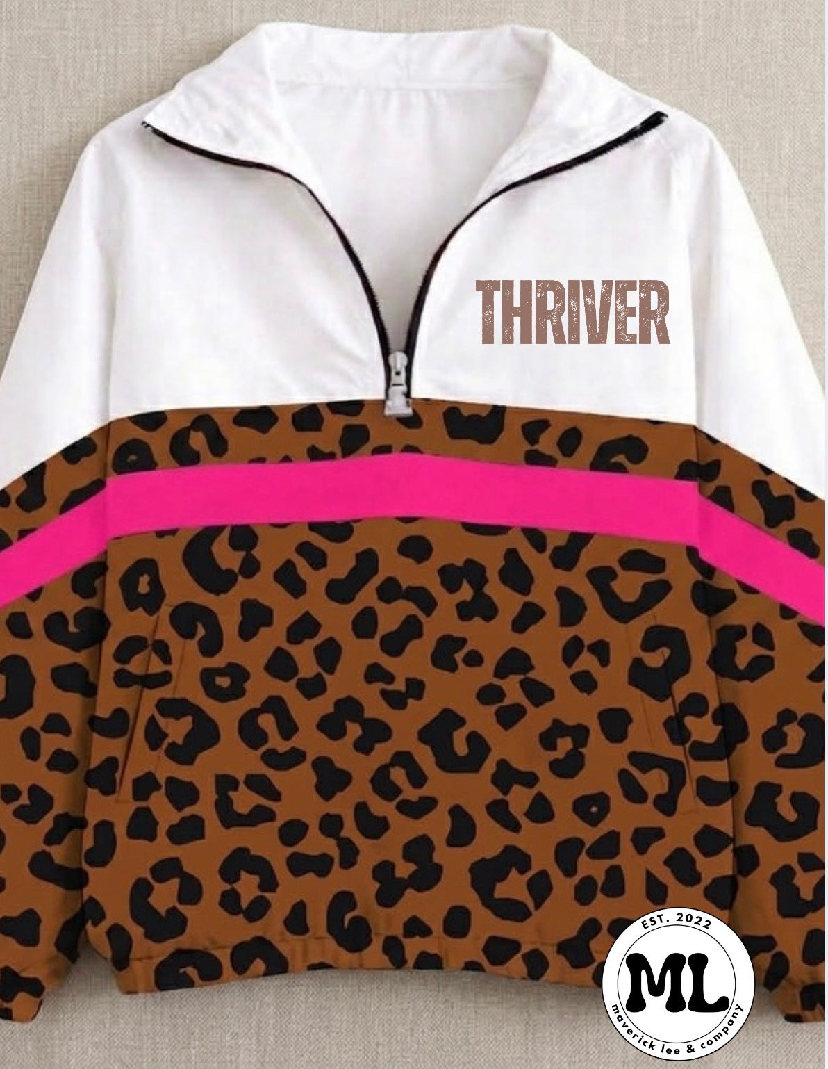 Quarter zip - Thriver- cheetah with pink stripe