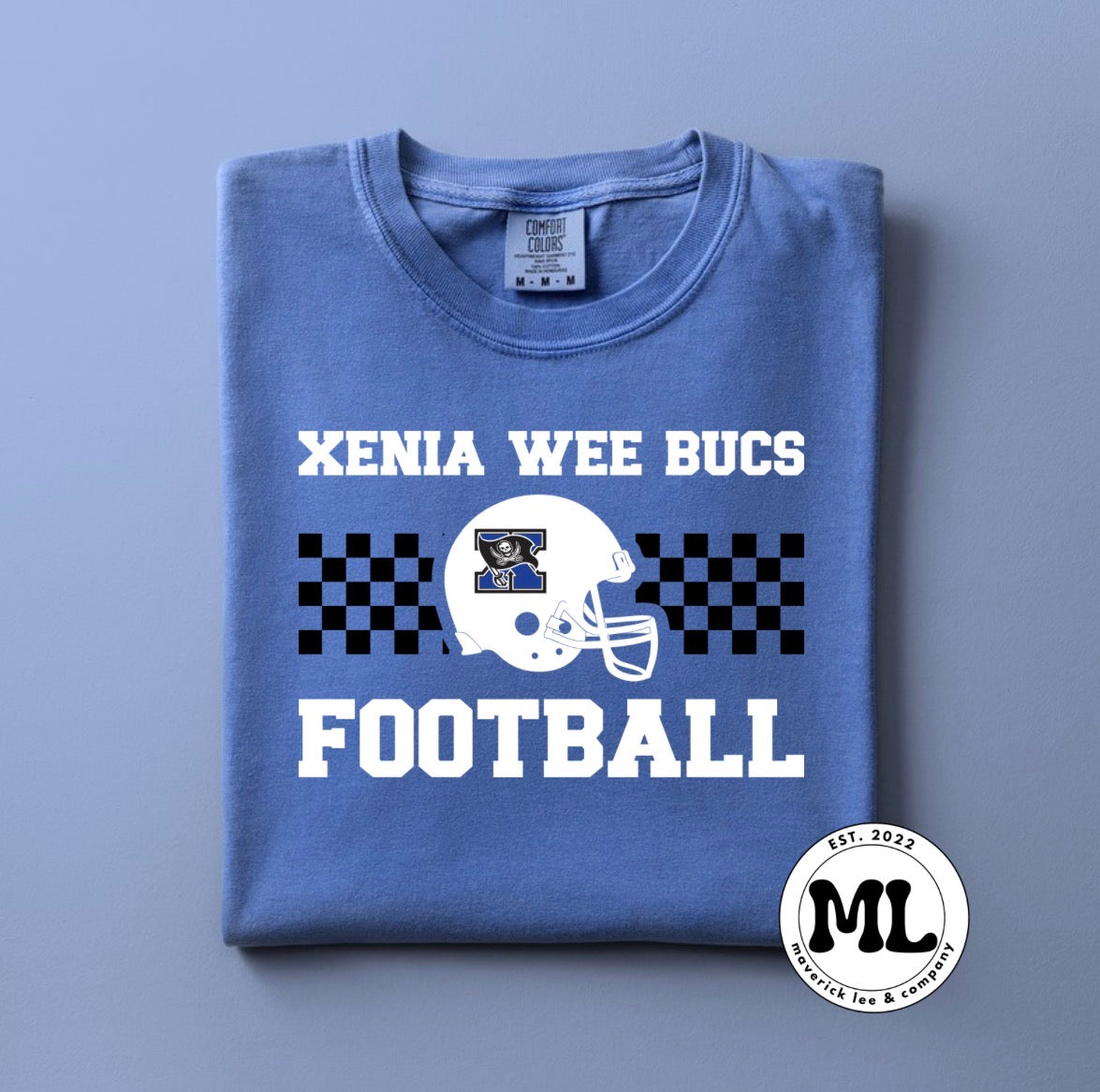 Xenia wee Bucs football white helmet black checkered