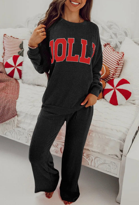 JOLLY Ribbed Knit Long Sleeve Top and Pants Set black