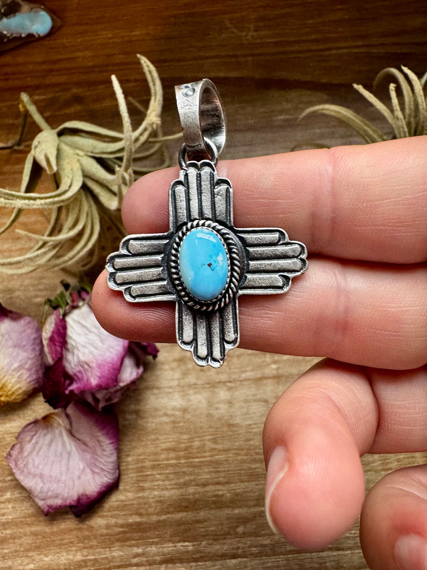 Zia Symbol Pendant with Golden Hill Turquoise – Sterling Silver – Native Made by KB