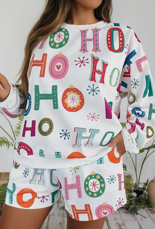 Ho Ho Print Long Sleeve Top and Shorts Christmas Set