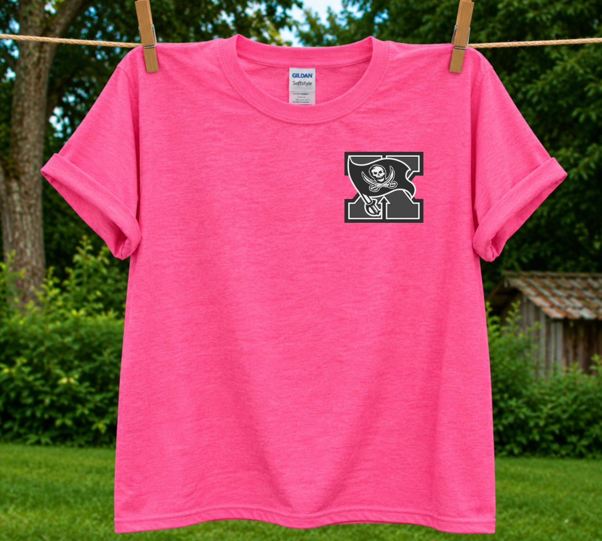 In stock pink out - Xenia grey logo on Heather Heleconia T-shirt
