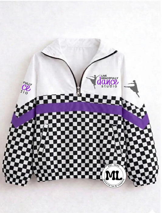 Quarter zip - Live Gracefully- black and white checkered with purple stripe