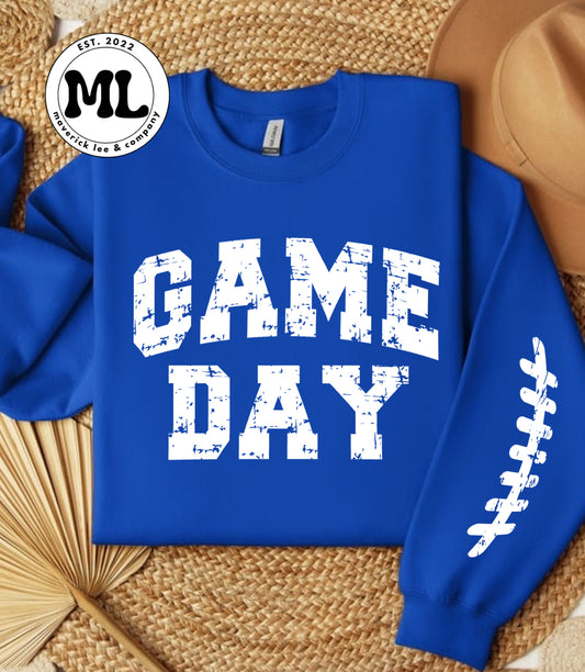 White distressed game day with laces on BOTH sleeves