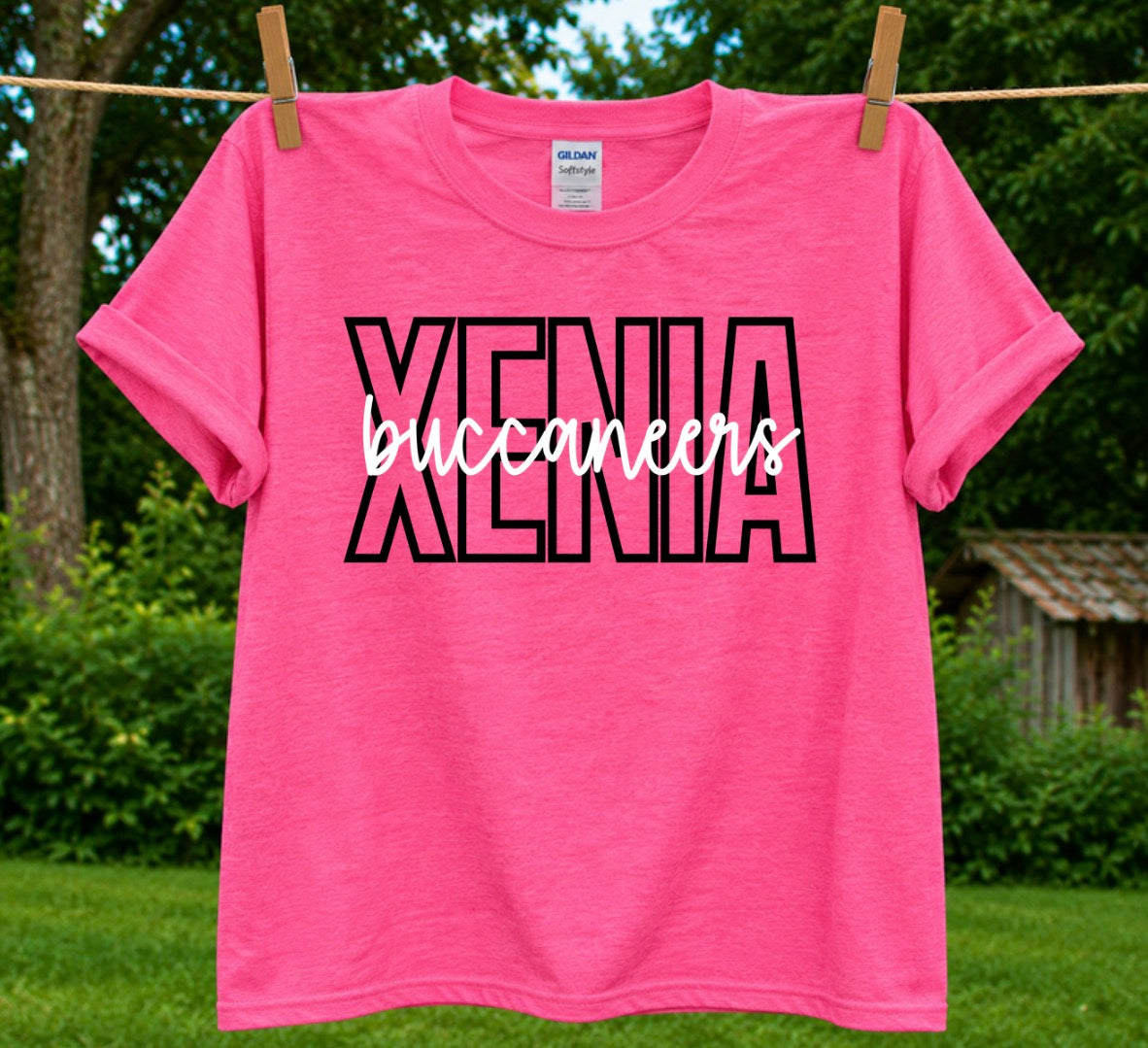 In stock pink out - Xenia outline on Heather Heleconia T-shirt
