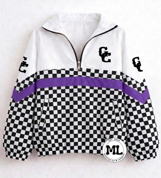 Quarter zip - Gem City Black logo - black and white checkered with purple stripe