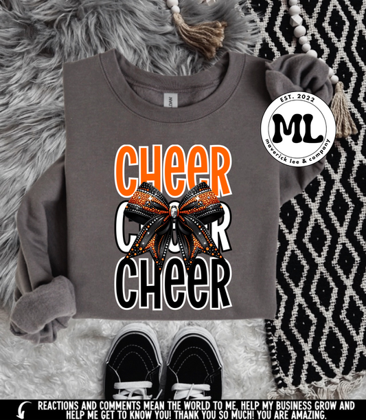 Orange and black rhinestone bow cheer