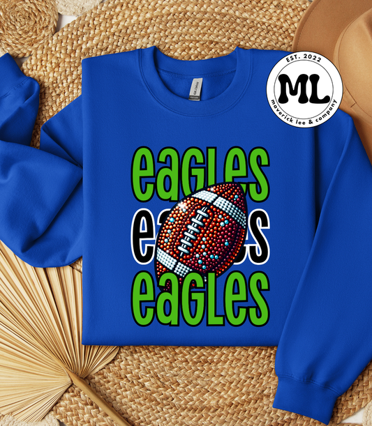 Rhinestone football scrolling Eagles green/black