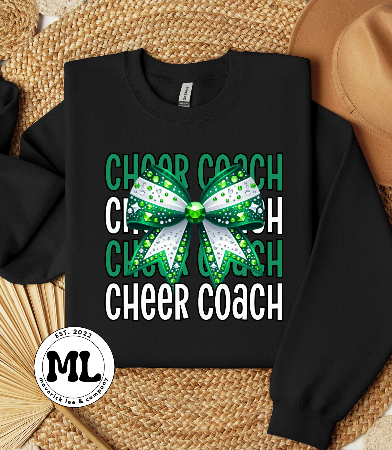 Green and white scrolling cheer coach