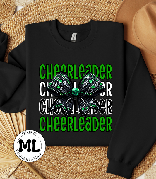 Green and white scrolling cheerleader