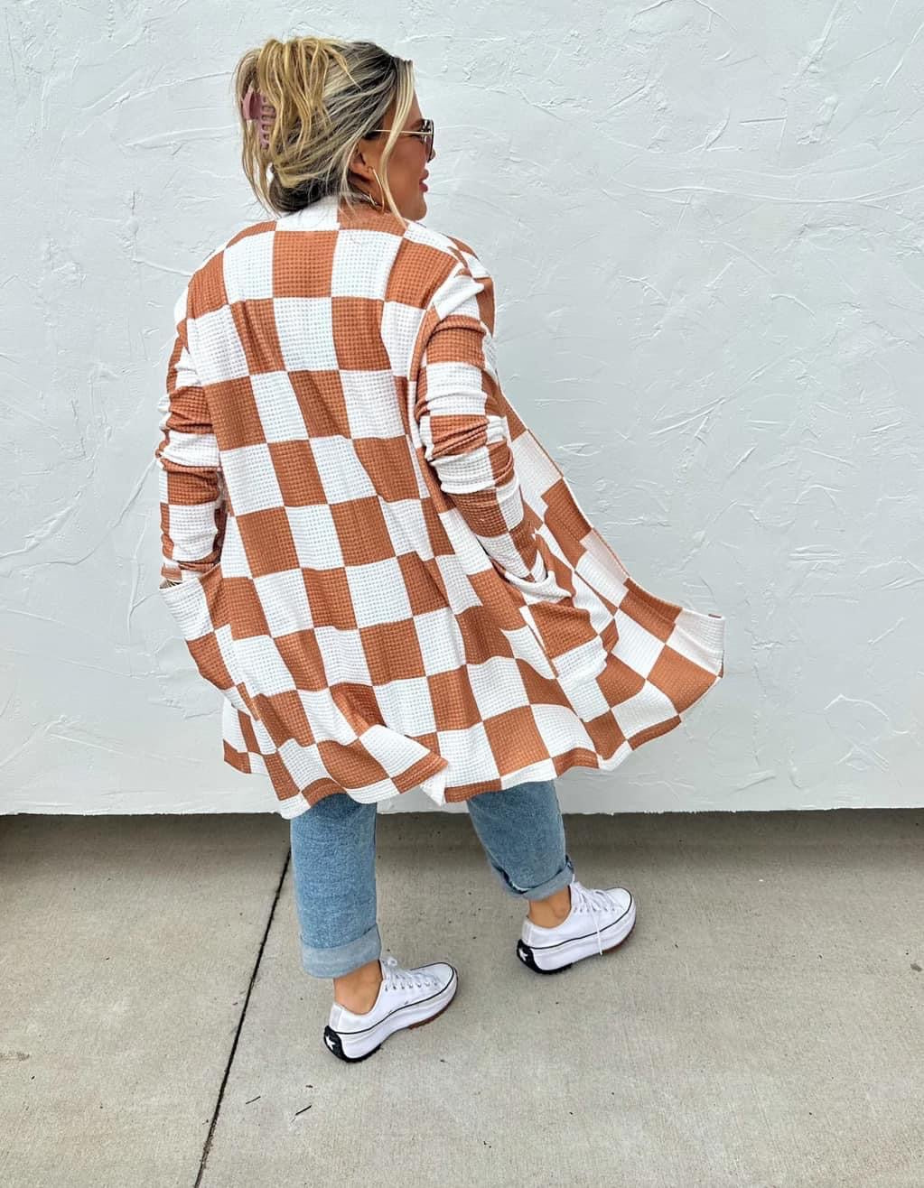 OS Brown checkered popcorn cardigan - in stock