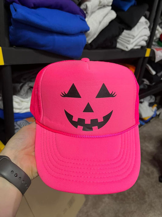 Neon pink pumpkin trucker hat - in stock