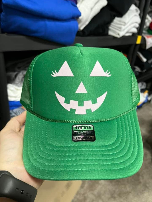 Green and purple pumpkin trucker hat - in stock