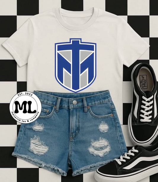 TMU grey and blue shied logo