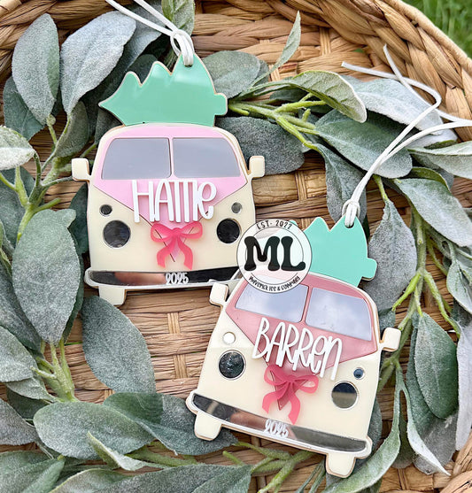 Vintage bus ornaments + stocking tags