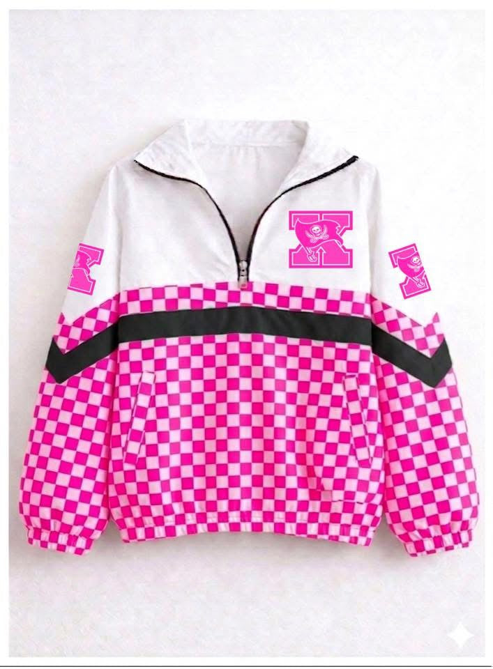 quarter zip – pink checkered Xenia athletics logo