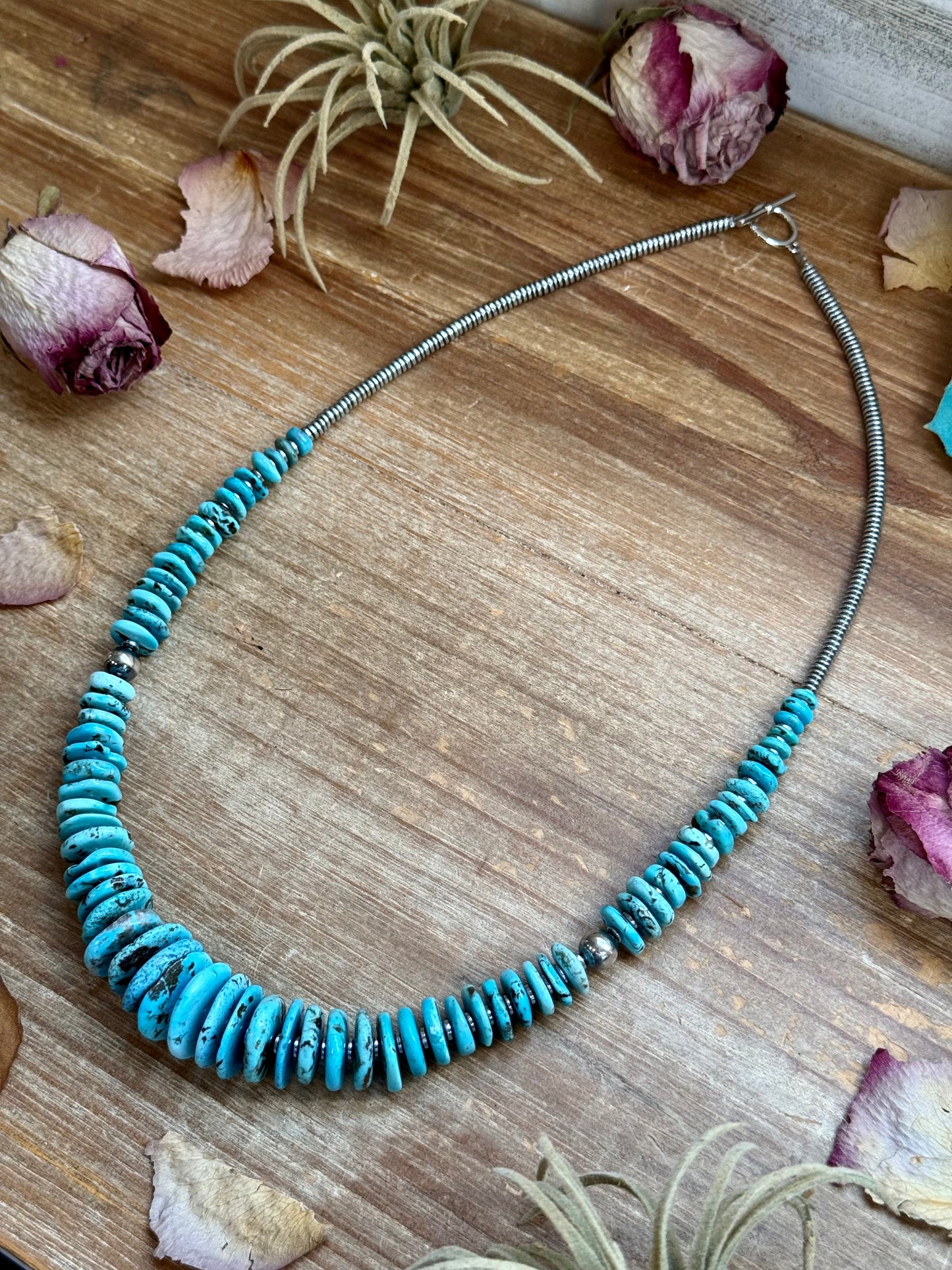 Light Blue Turquoise Graduated Necklace with Sterling Silver Pearls & Hematite – 23”