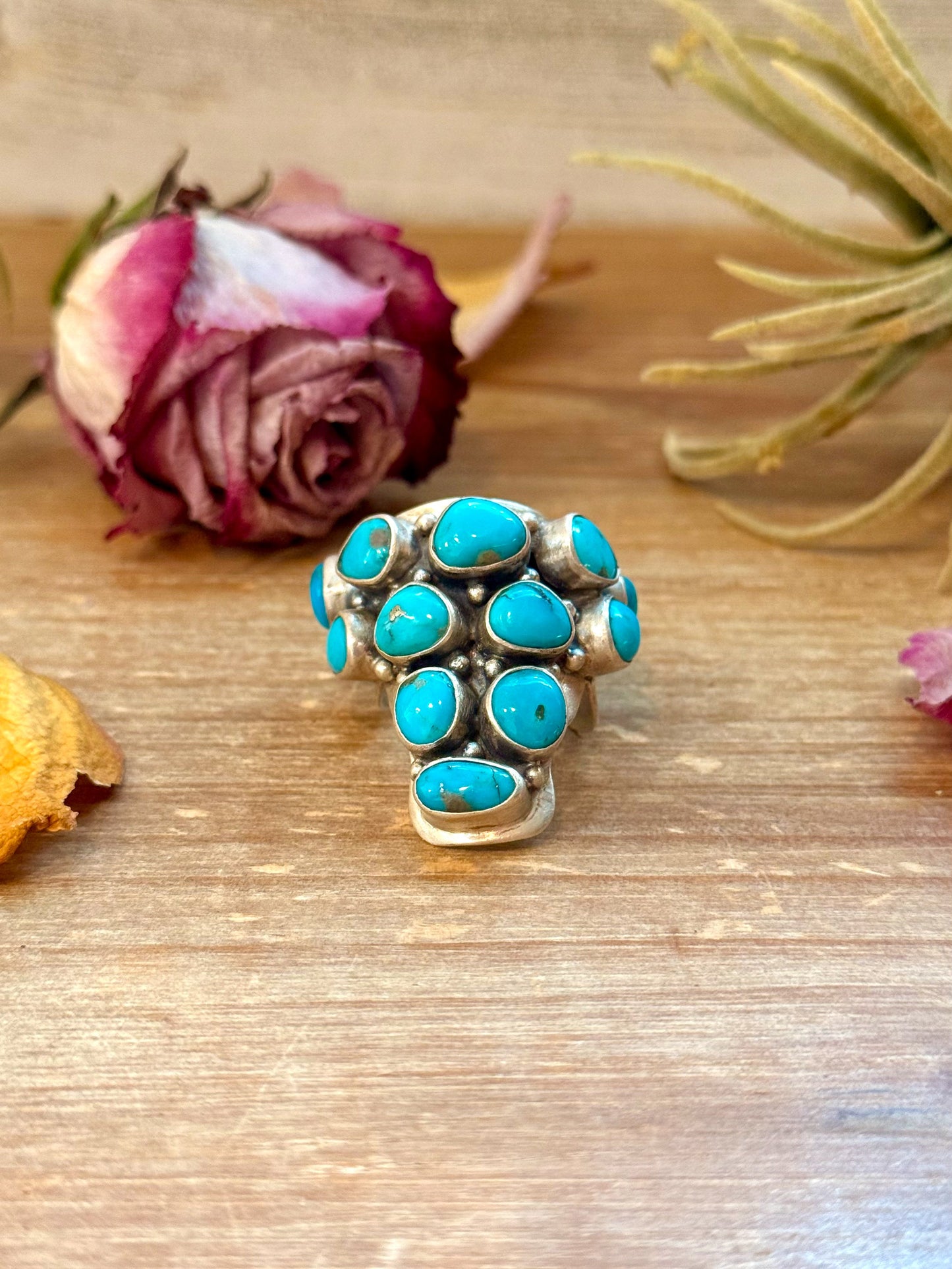 Kingman Turquoise Longhorn Sterling Silver Ring – Adjustable (Fits 8+)