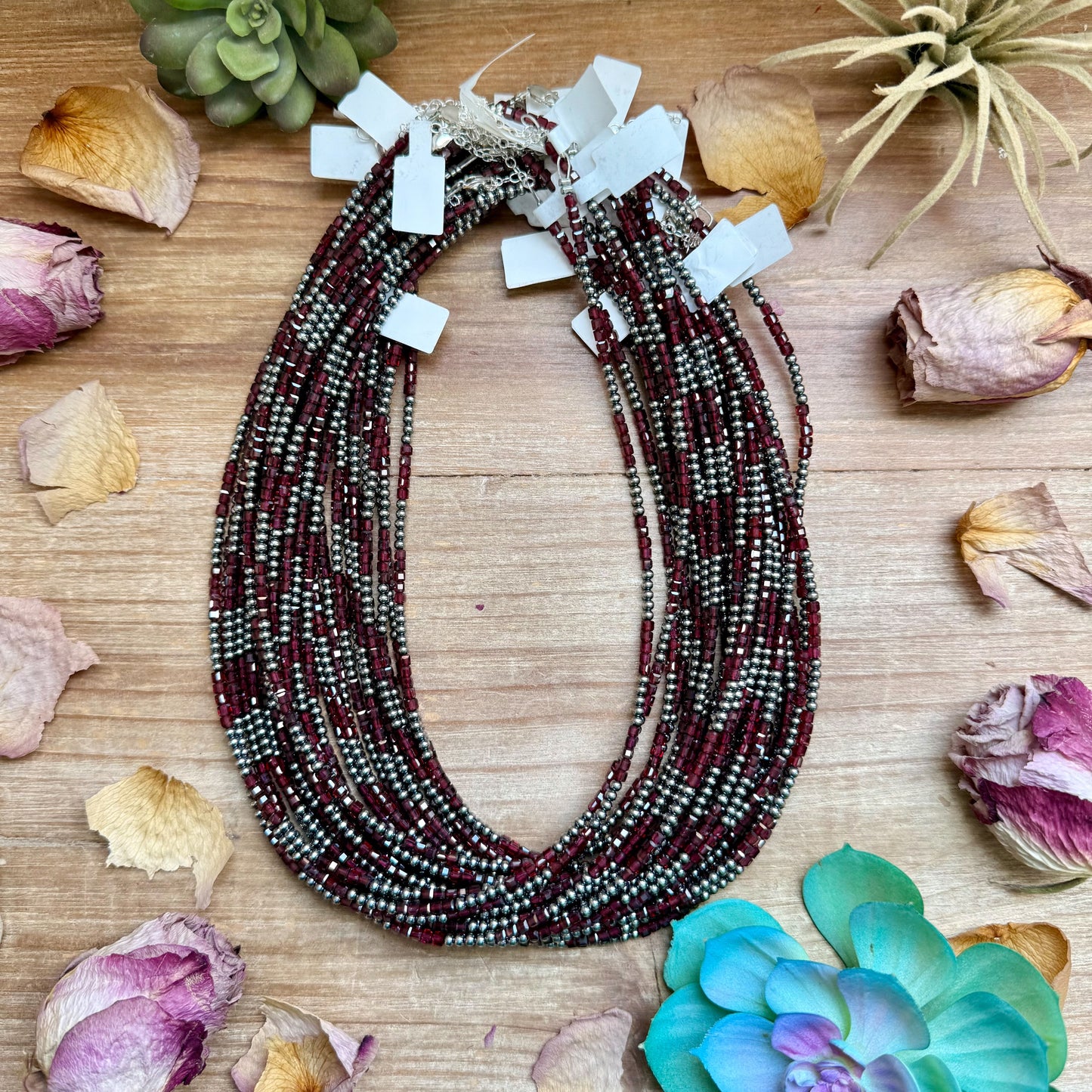 Dark Red Natural Garnet Necklace with Sterling Silver Pearls – 18.5”