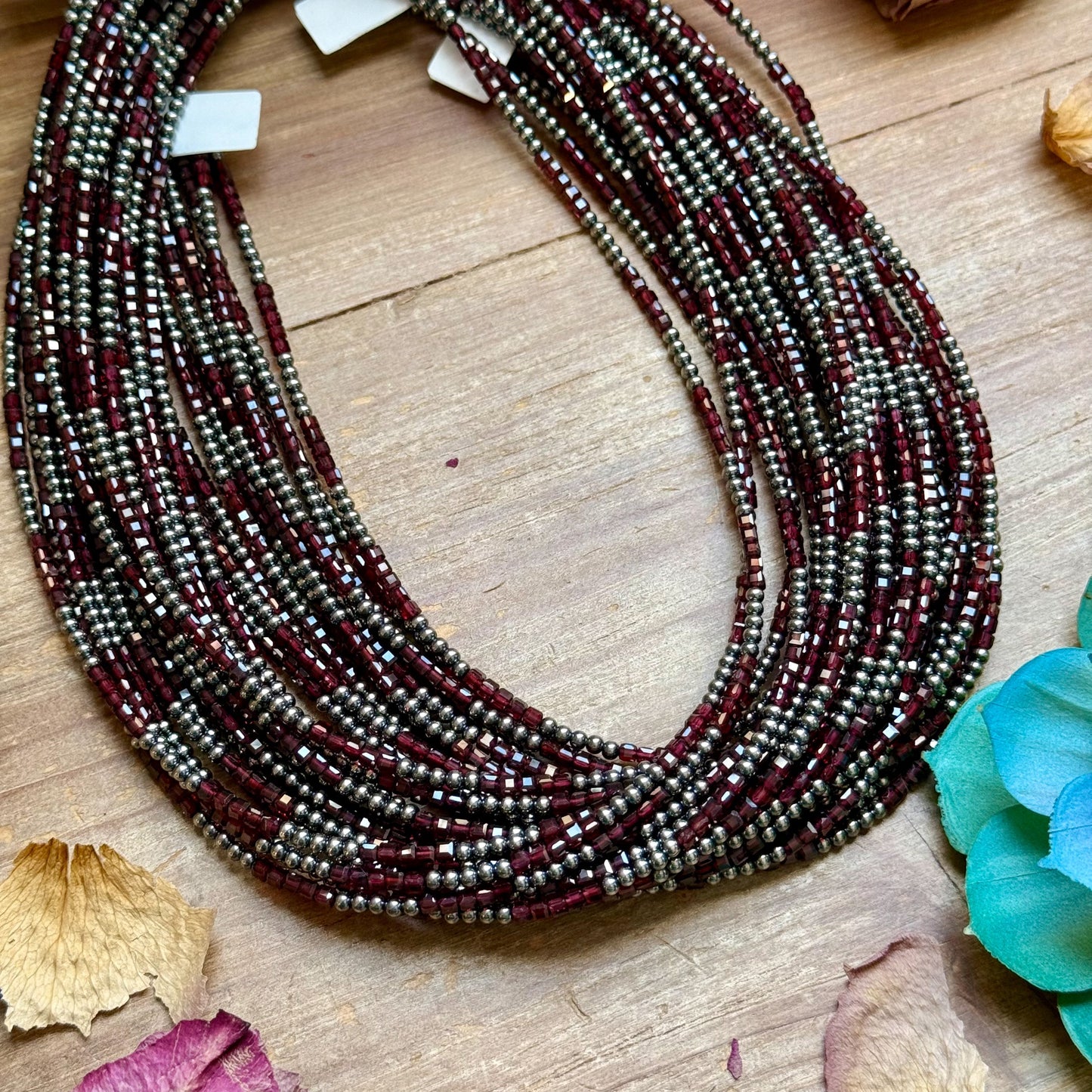 Dark Red Natural Garnet Necklace with Sterling Silver Pearls – 18.5”